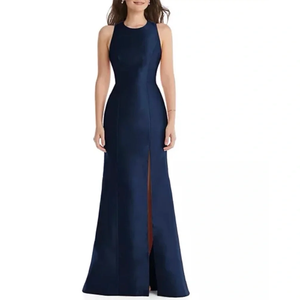 Alfred Sung Bow Open Back Trumpet Gown Blue Jewel Neck Front Slit Size 4 D734 - Picture 1 of 10